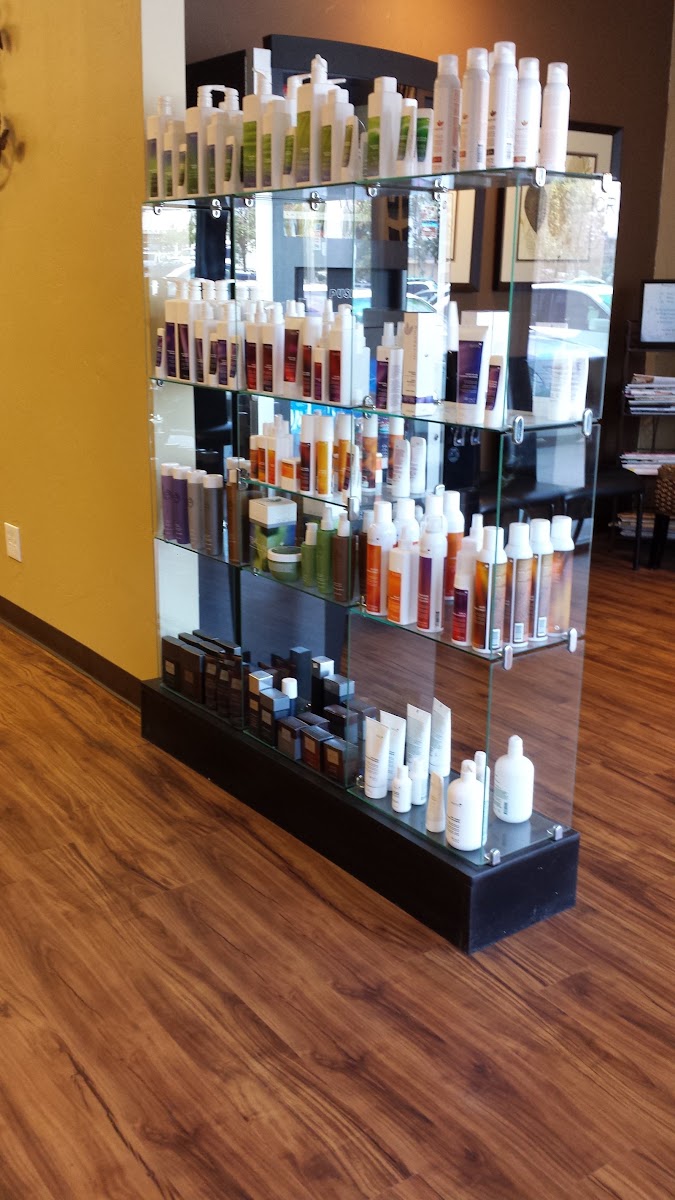 Glass retail shelves of Redken and salon products
